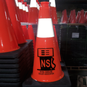 an orange safety pylon with the RGDA logo on it.